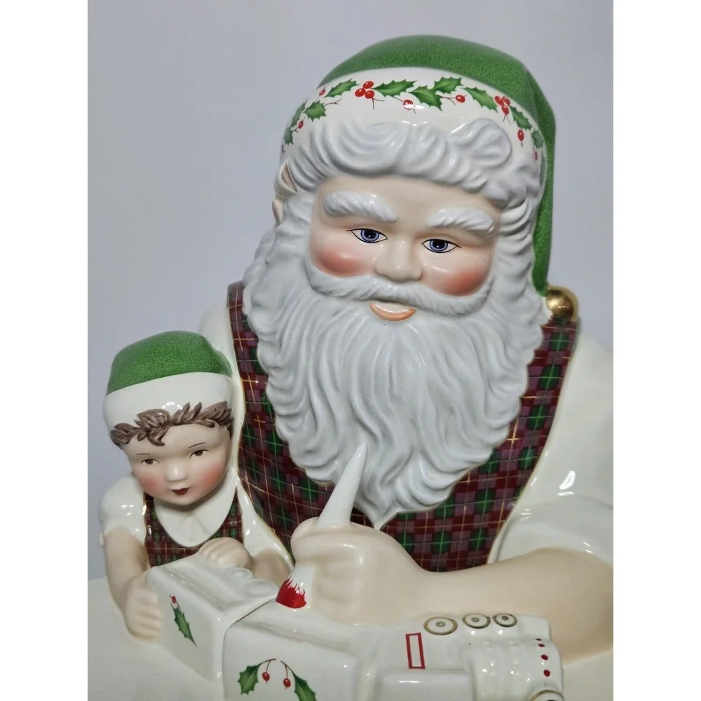 Lenox Santa Workbench Cookie Jar Ceramic Christmas Toy Shop Elf Figurine Gold
